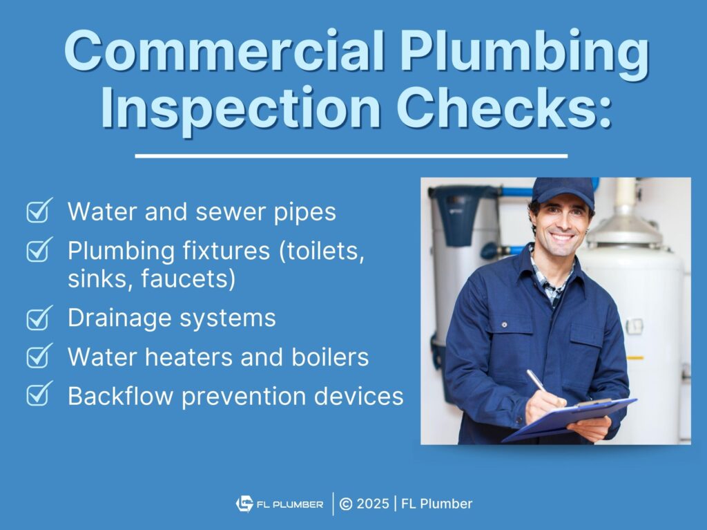 Plumber in uniform holding a clipboard- Five commercial plumbing inspection checks.