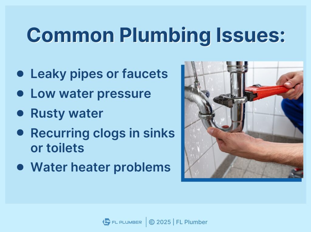 Plumber fixing a leaky pipe under a sink. Five common residential plumbing issues.