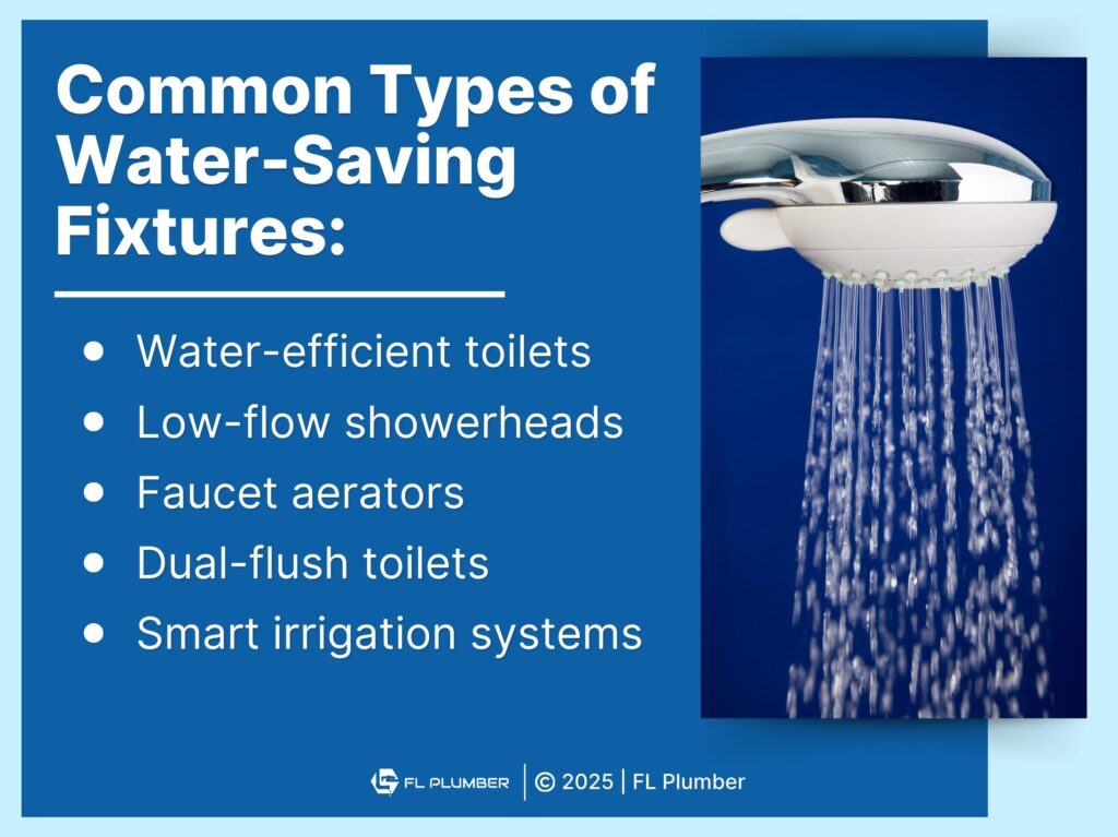 Shower head with water flowing- five types of water-saving fixtures.
