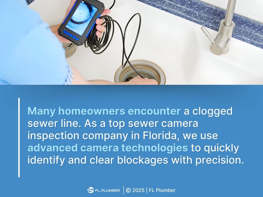Plumber inspecting a clogged sink drain with camera device- FL PLUMBER uses advanced camera technologies for sewer line inspection.