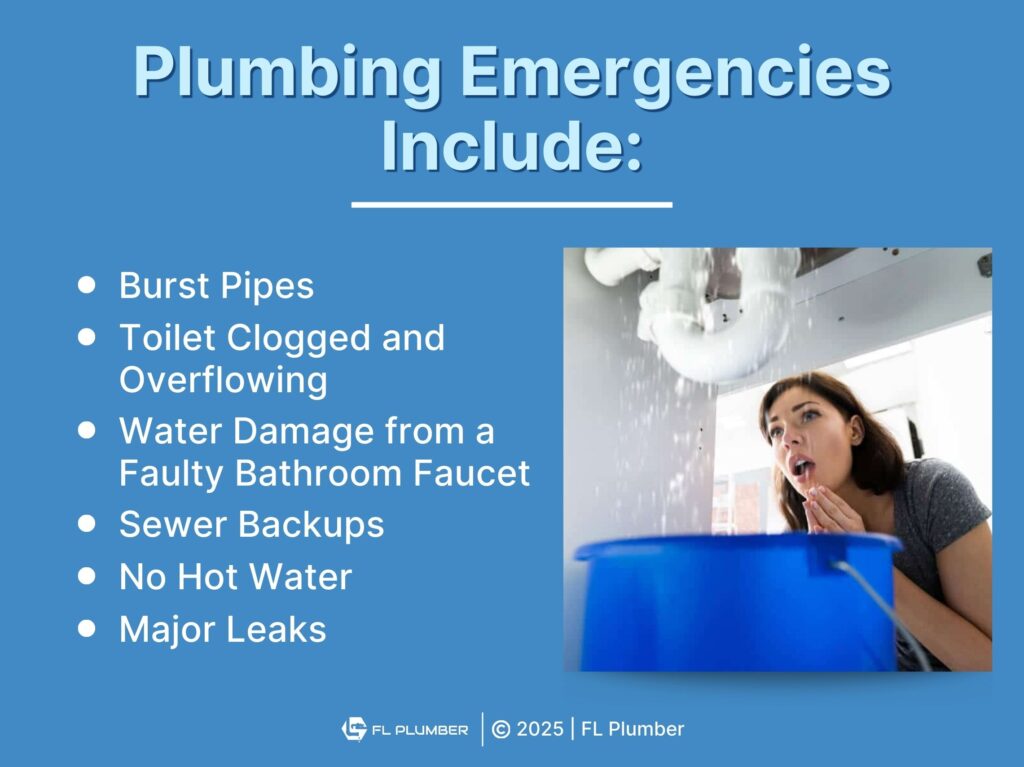 Worried female looking at leaky pipe under a sink- six examples of plumbing emergencies.
