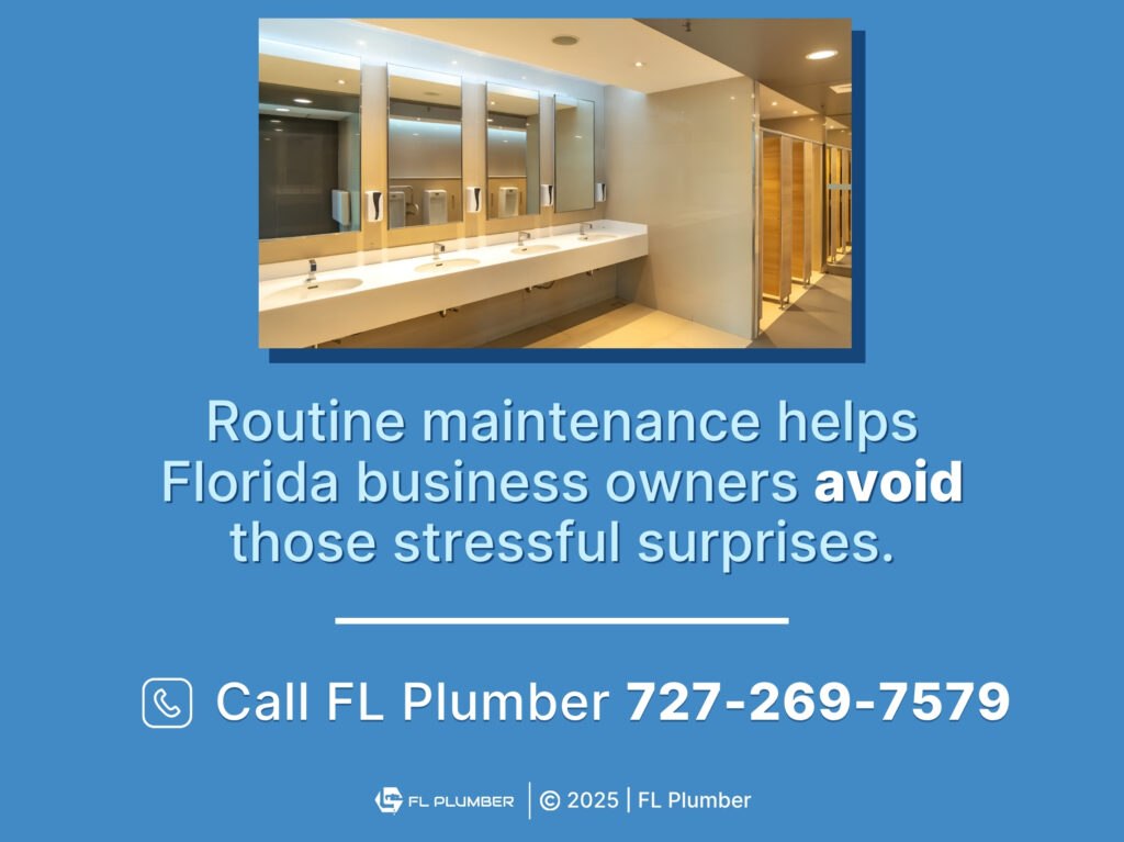 Sleek, commercial restroom with sinks, mirrors, soap dispensers. routine maintenance, call FL Plumber- 727-269-7529.