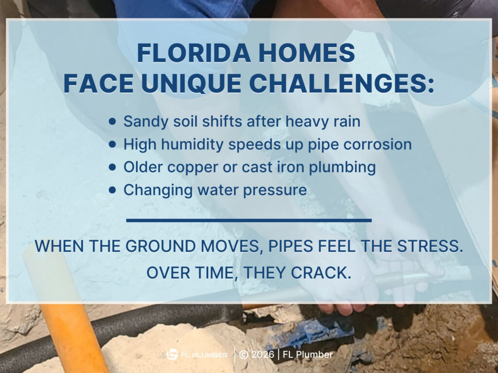 Plumber works on exposed pipe near home's foundation. Four reasons FL homes face unique challenges.
