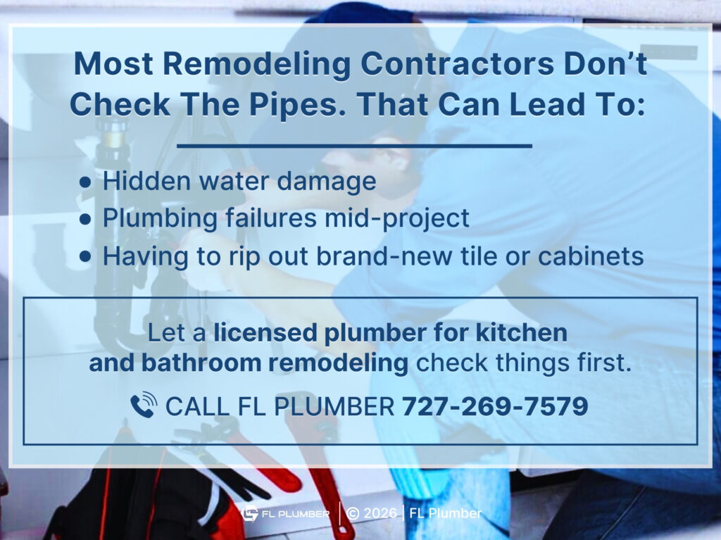 Licensed, reliable plumber checks pipes before kitchen and bath remodels. 
