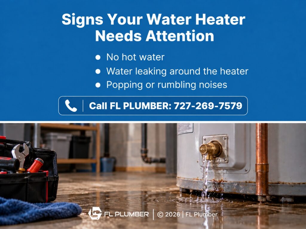 Leaking water heater and plumbing tools. 3 signs water heater needs attention.