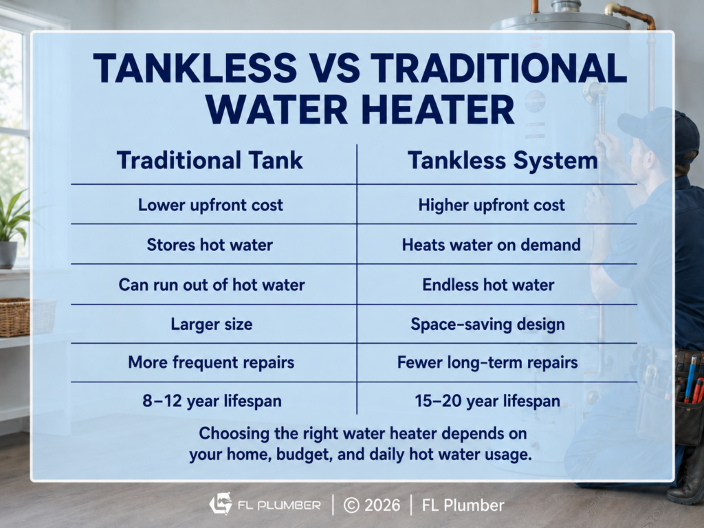 Tankless vs tank water heater comparison chart.