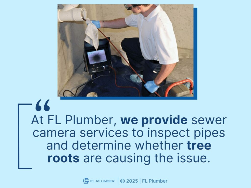 Plumber inspecting a pipe with a camera device- Quote from text about using a sewer camera services to determine the issue.