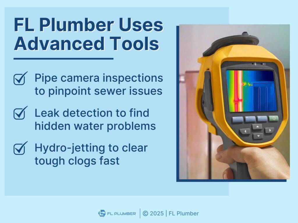 Plumber using a handheld thermal imaging camera to detect for water leaks- FL PLUMBRR uses advanced tools- 3 types.