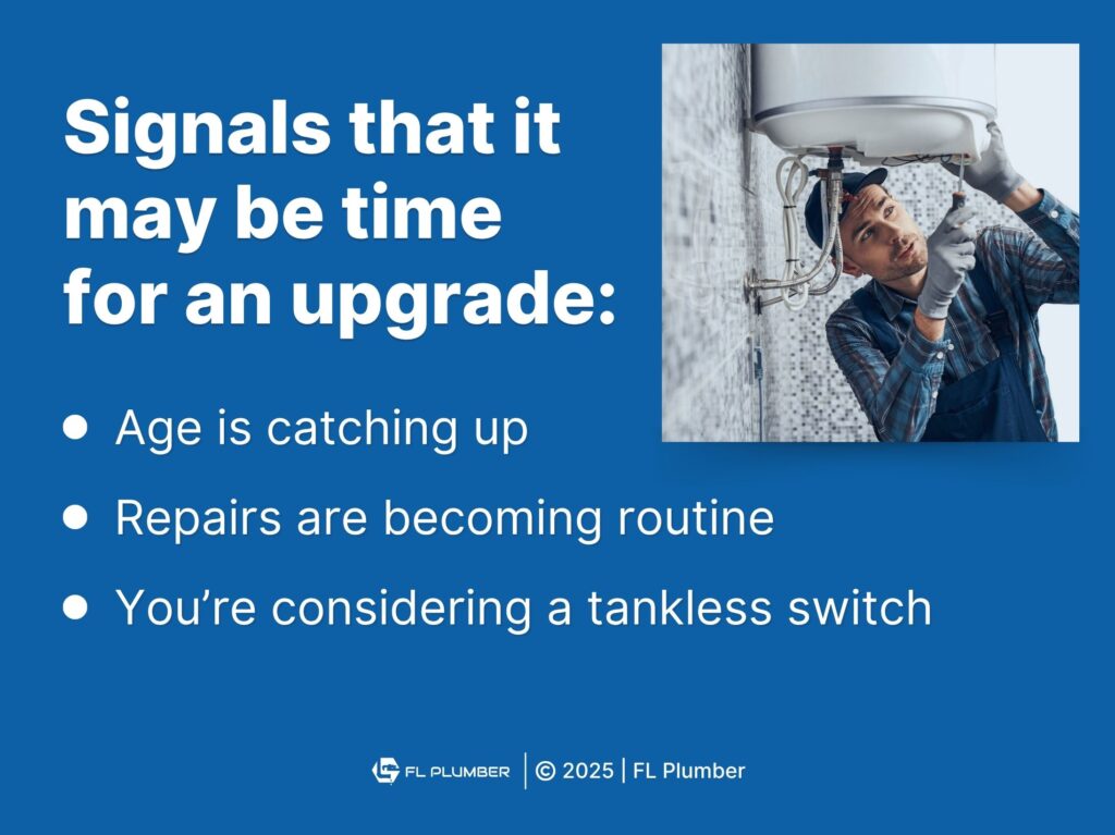 Plumber installing water heater in bathroom- Three signals for a water heater upgrade.