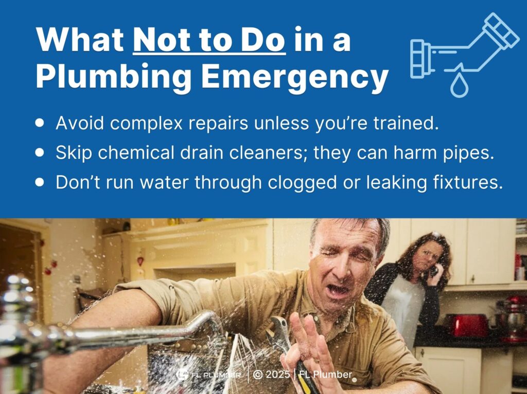Man struggling to fix a spraying kitchen faucet- five things not to do in a plumbing emergency.