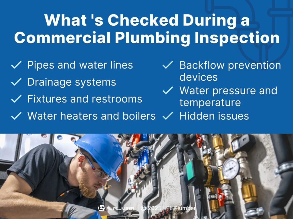 Plumber checking complex plumbing system- seven components checked during a commercial plumbing inspection.