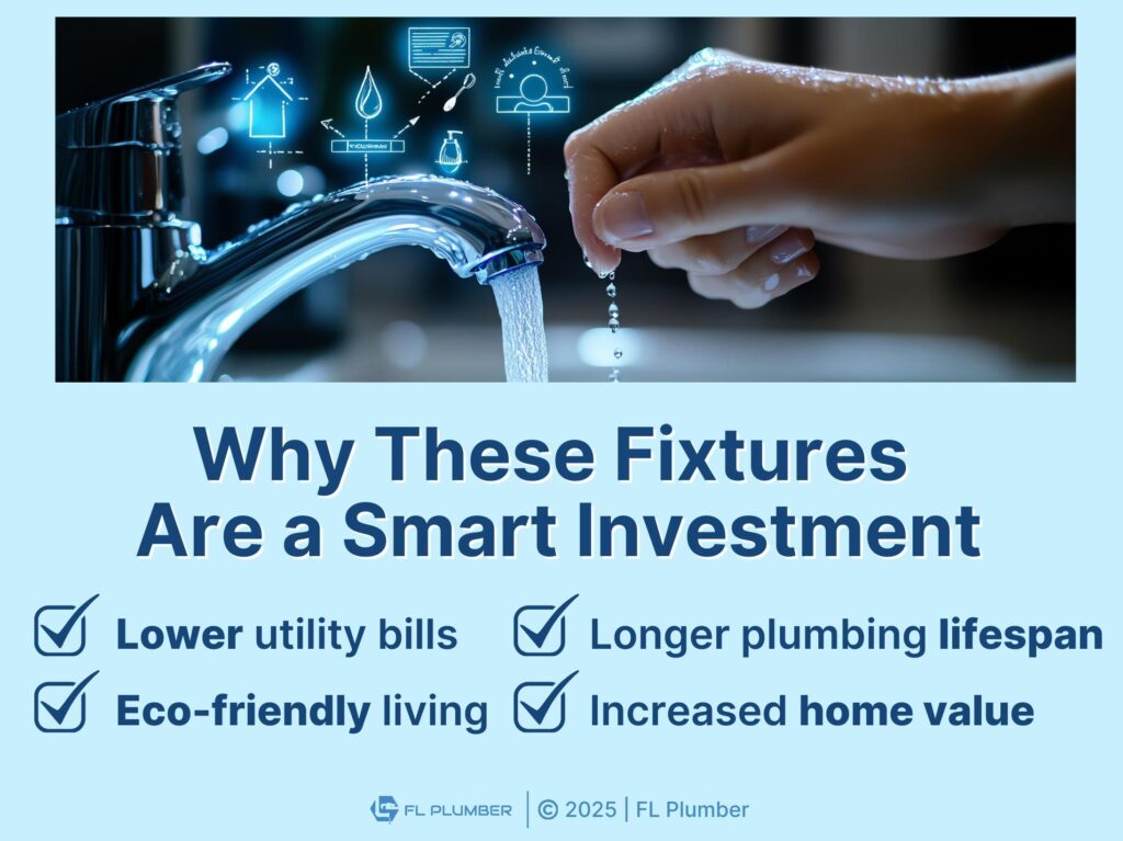 Chrome smart faucet with blue smart icons over faucet- four reasons water-saving fixtures are a smart investment.