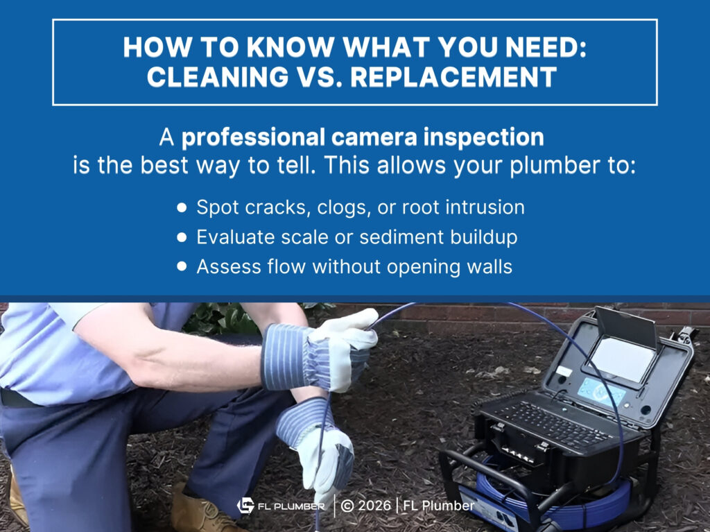 Plumber operating pipe inspection camera- how to know if you need pipe cleaning or replacement- three signs.