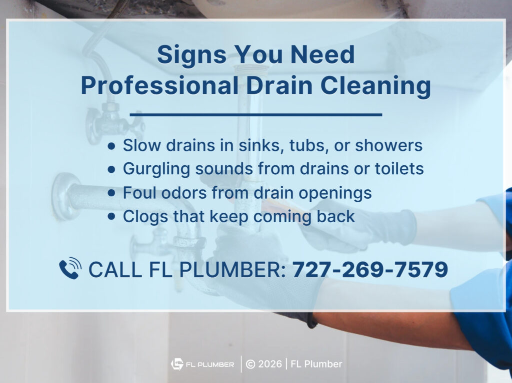 Four signs you need professional drain cleaning listed.