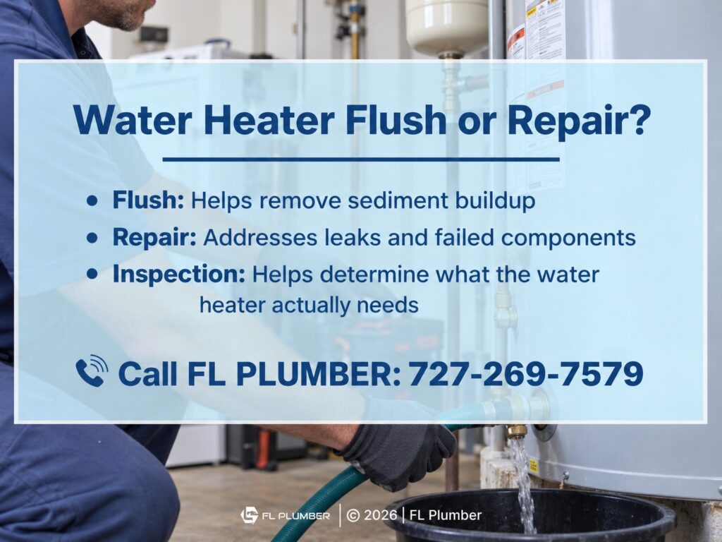 Technician flushed a water heater with a hose. Water heater flush or repair considerations.