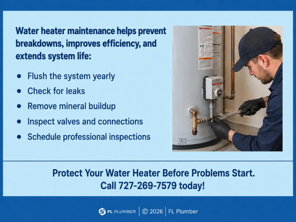 Plumber performing maintenance on residential water heater. Five benefits of water heater maintenance.