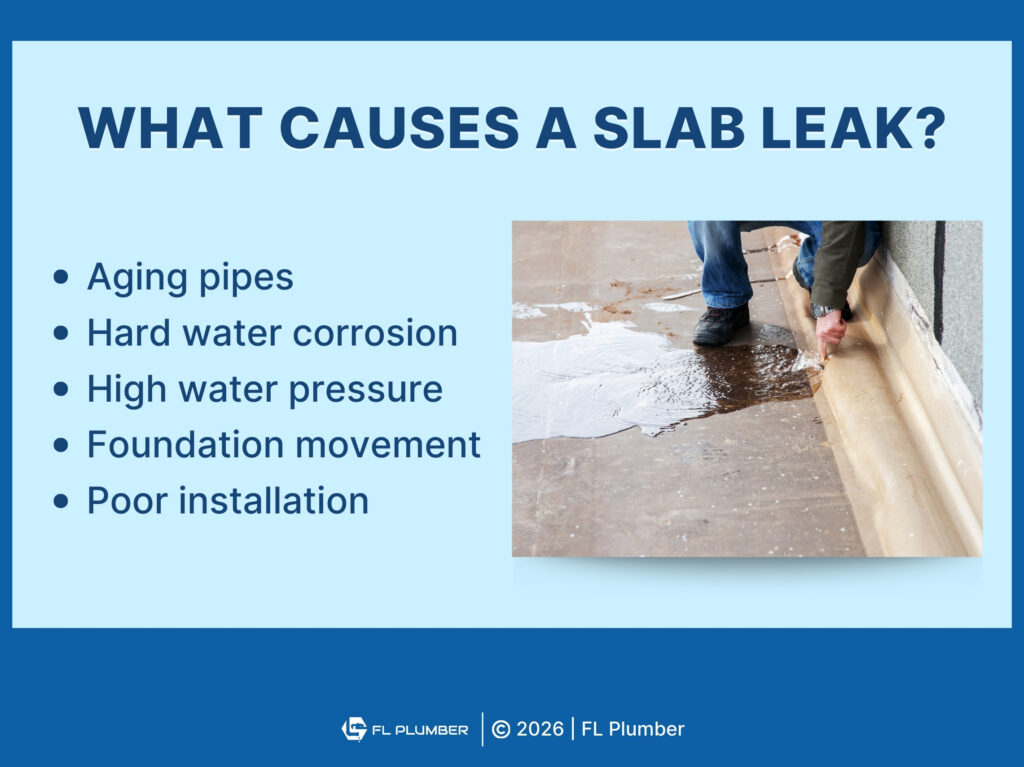 Man feels water leak at base of building. Five slab leak causes listed.