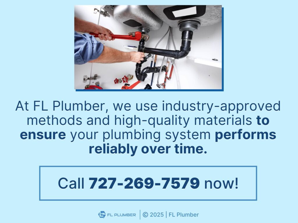 Plumber tightening black drain pipe under double sink- FL PLUMBER uses high-quality material. 