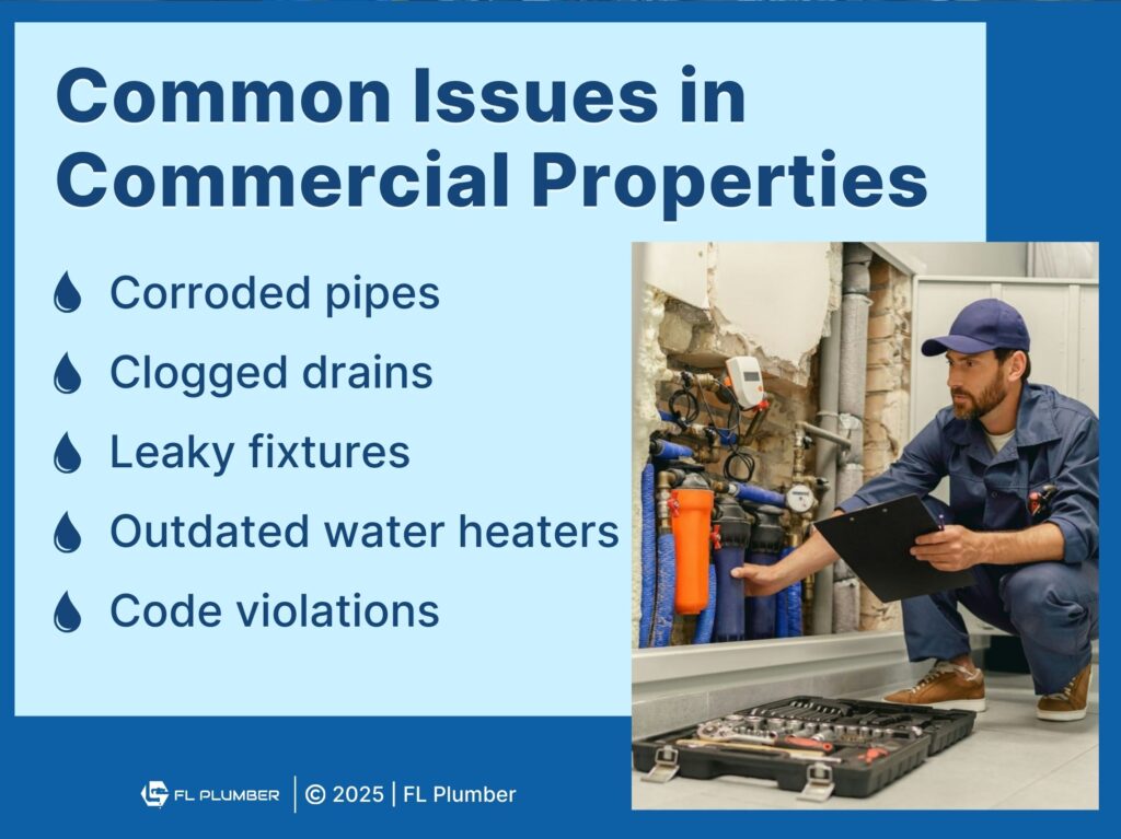 Plumber inspecting water filters with a clipboard in hand- five common issues in commercial properties. 