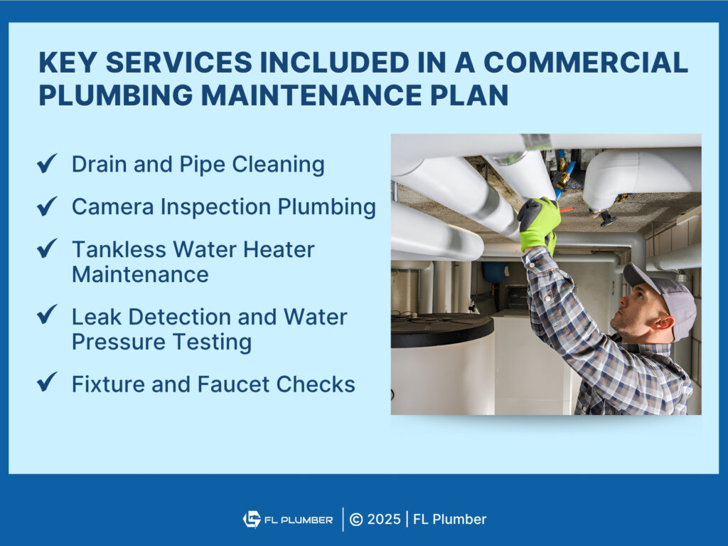 Plumber working on overhead pipes in utility room. five key services included in commercial plumbing maintenance plan.