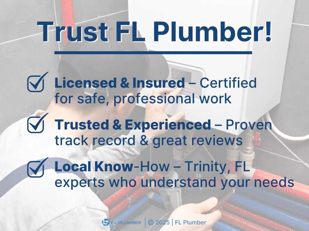 Plumber inspecting a water heater. Three reasons to choose FL PLUMBER. 