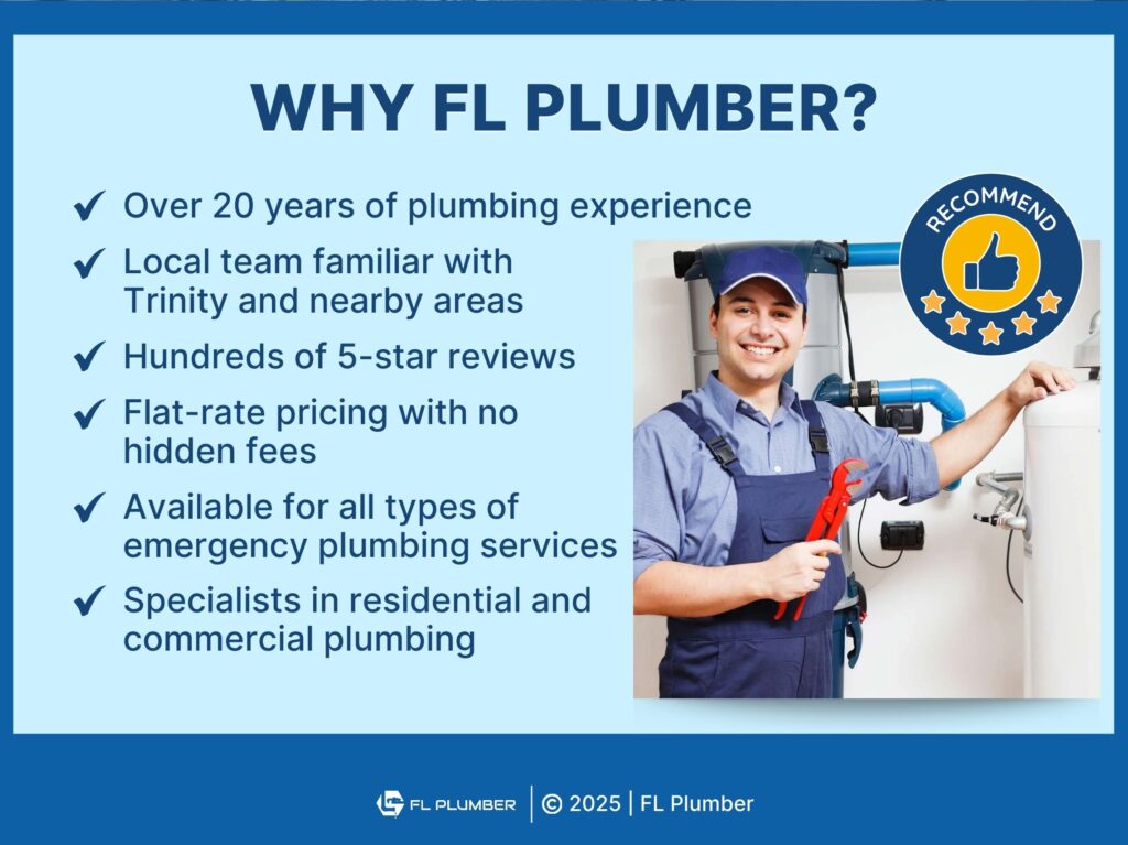 Six reasons to trust FL PLUMBER- smiling plumber with a Recommend badge with a thumbs up. 