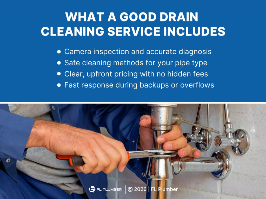 Plumber using wrench to work on exposed sink plumbing- four services a good drain cleaning service includes.