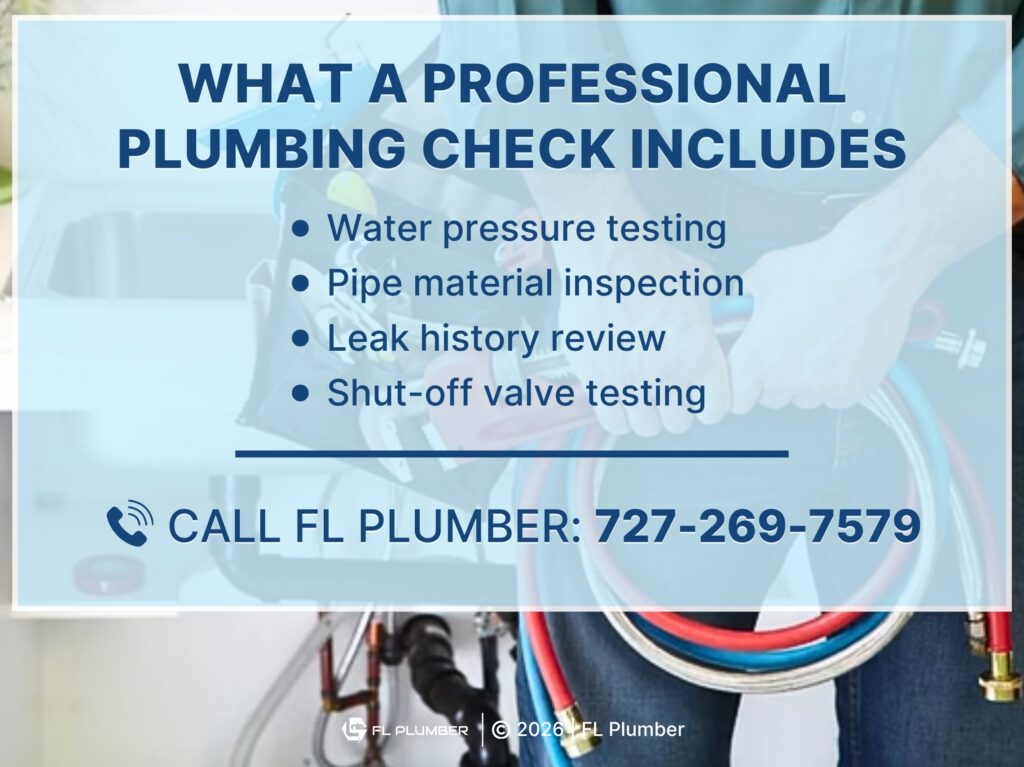 A professional plumbing checklist includes four inspection areas listed.