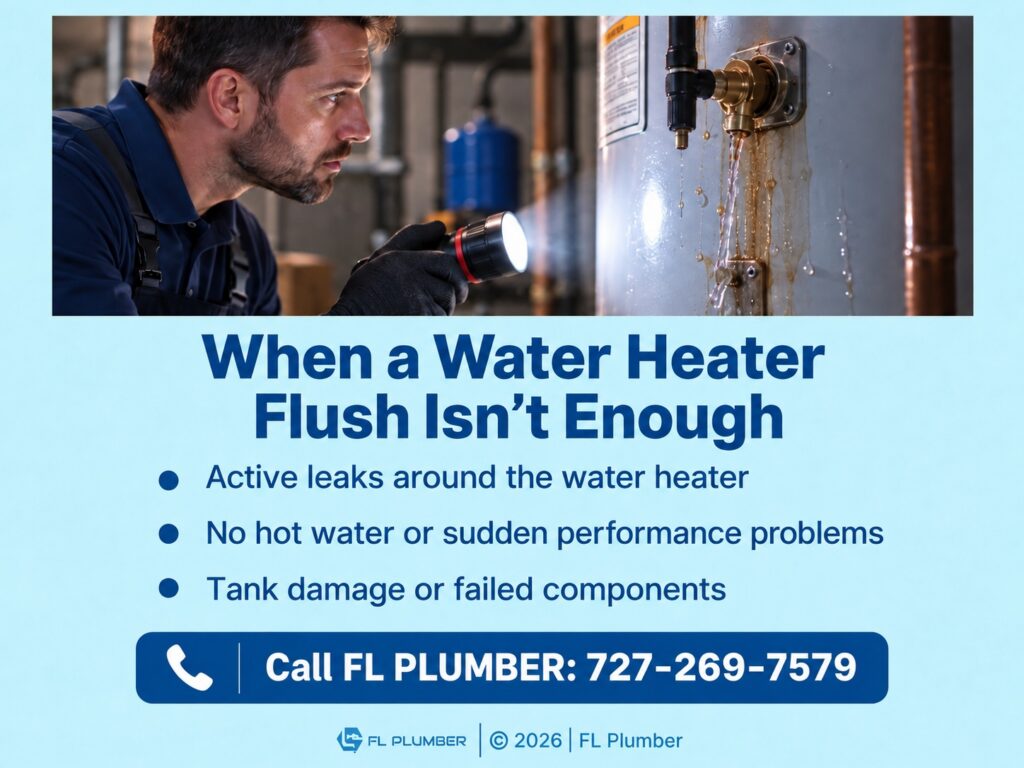 Plumber inspects a visibly leaking water heater. 3 factors when a water heater flush isn't enough.