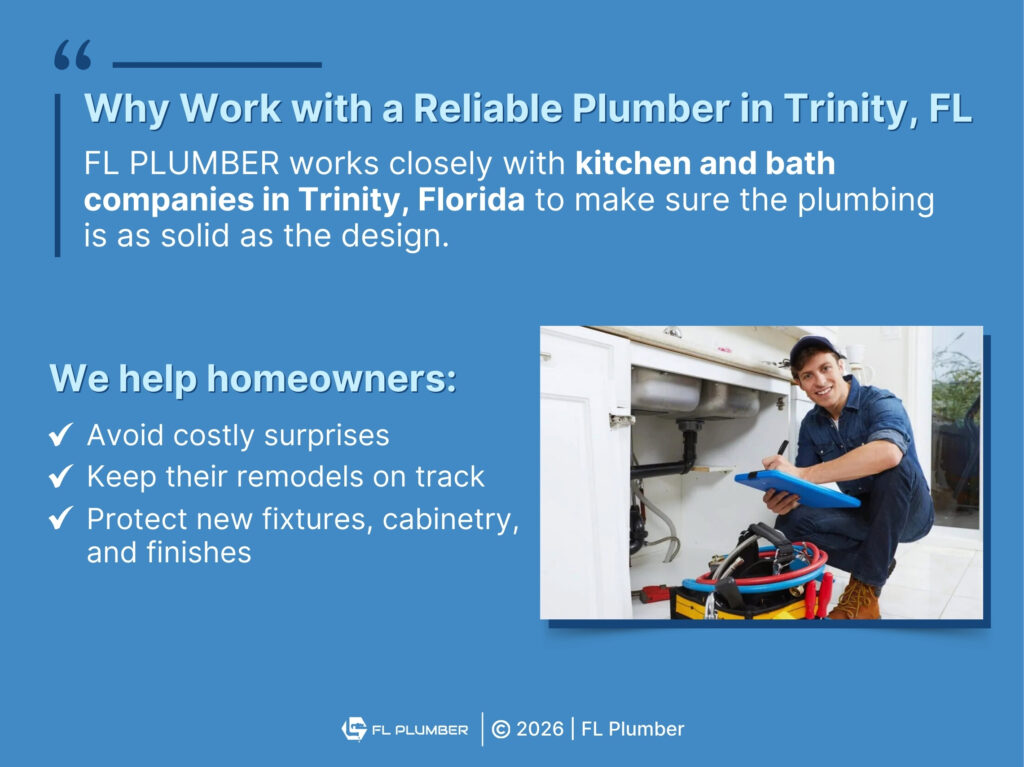 Plumber kneels beside open sink cabinet with tools- 3 ways FL PLUMBER helps homeowners with kitchen and bath remodels.