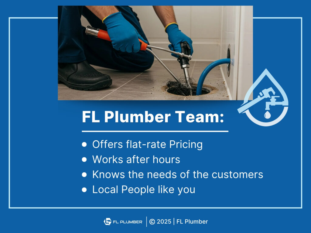 Plumber using a drain cleaning tool in a floor drain. FL Plumber team- four benefits.