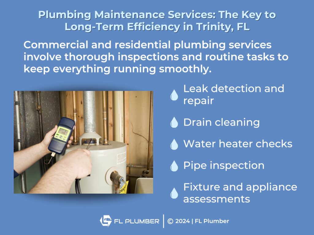 A plumber checking system readings, with text detailing the benefits of commercial and residential plumbing inspections.