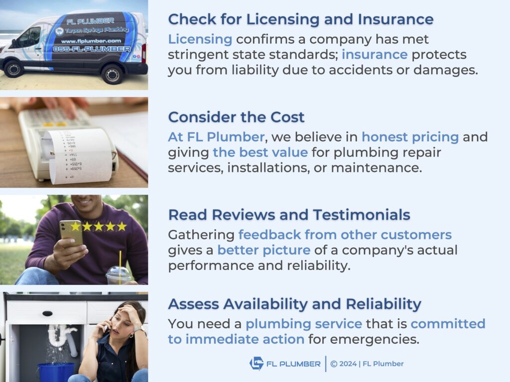 Checks you should do when booking a plumber, such as licensing and insurance, cost, and local reviews in Trinity, FL.