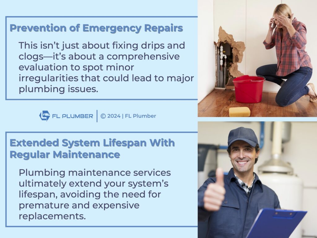 A woman dealing with a plumbing problem, next to text detailing how emergency repairs can be prevented with maintenance.