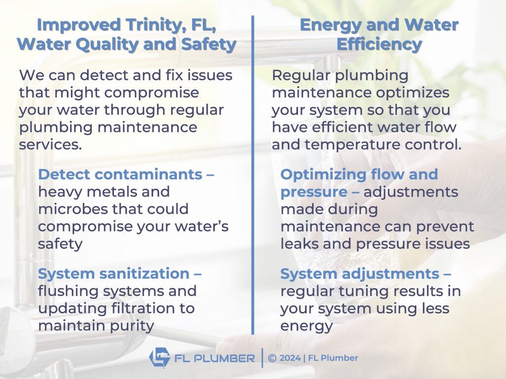 An informational infographic highlighting how regular plumbing maintenance improves water quality and energy efficiency.