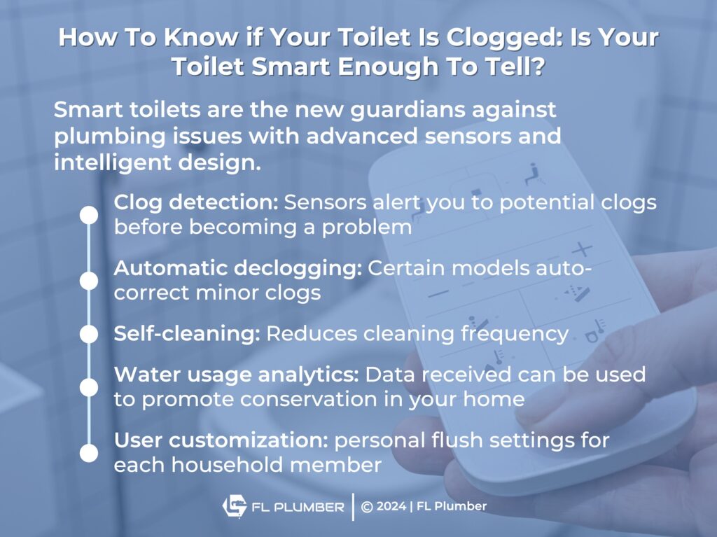 A smart plumbing remote and smart toilet with clog detection and automatic declogging technology installed by FL Plumber.