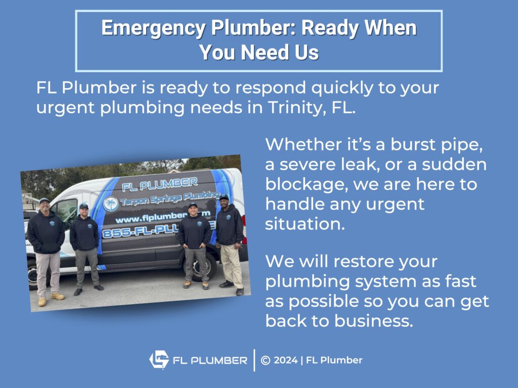 Image of the FL Plumber team standing in front of their truck, with text detailing fast emergency plumbing repairs.