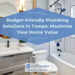 A budget-friendly and modern bathroom. Text: "Budget-Friendly Plumbing Solutions in Tampa: Maximize Your Home Value."