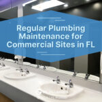 Clean modern public restroom wall of sinks and mirror. Regular plumbing maintenance for commercial sites.