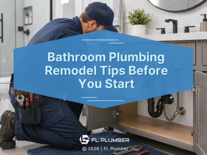 A plumber kneels beneath a bathroom vanity inspecting exposed sink plumbing and drain connections during a bathroom renovation.