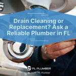 Plumbers hands working on metal drain pipe beneath sink- Drain Cleaning or Pipe Replacement