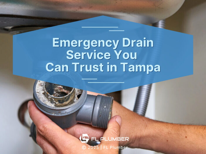 Person holding clogged & dirty sink drain pipe under kitchen sink- Emergency Drain Service.