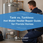 Professional plumber servicing a residential tank water heater. Article title- hot water heater repair.