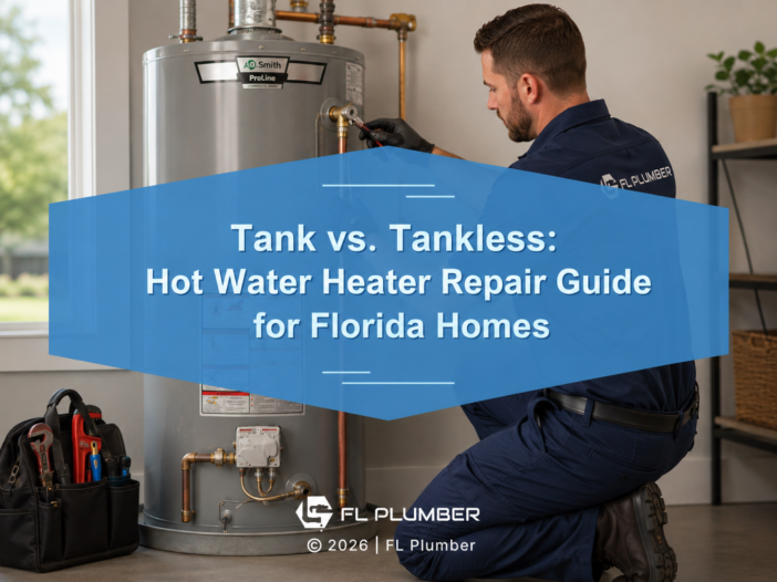Professional plumber servicing a residential tank water heater. Article title- hot water heater repair.